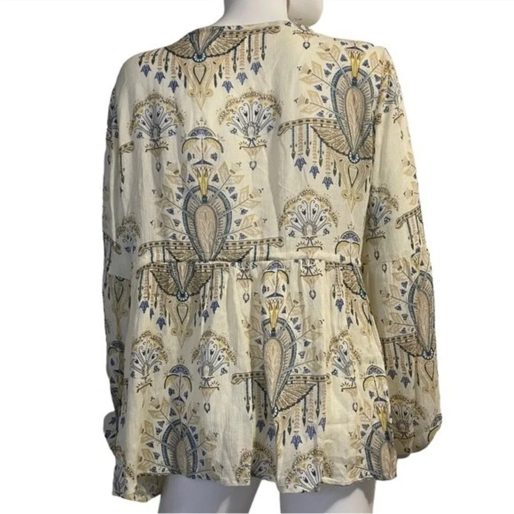 O'Neill Boho Beach Blouse Cover Up Tie Front Long Sleeve Elastic Cuff Size M